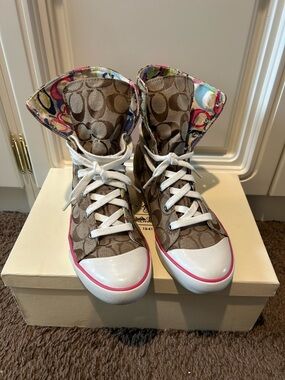 Coach Monogram High-Top Sneakers with Floral Trim - Brown & Pink